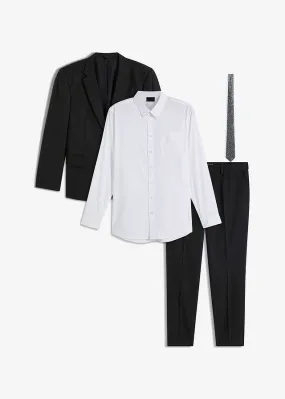 Traje (4 piezas): americana, pantalón, camisa, corbata negro+blanco+plata